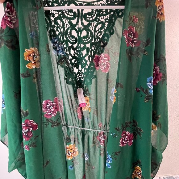 Floral Green Sheer Kimono Cardigan With Lace Back & Tie Waist - Picture 13 of 13